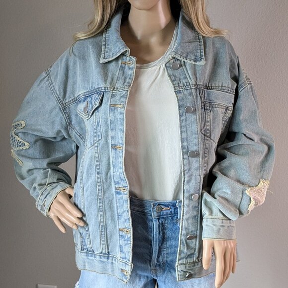 Savanna Jane Jean Jacket Women's Large Distressed Embroidered Pink Stars Sequins - Picture 2 of 16